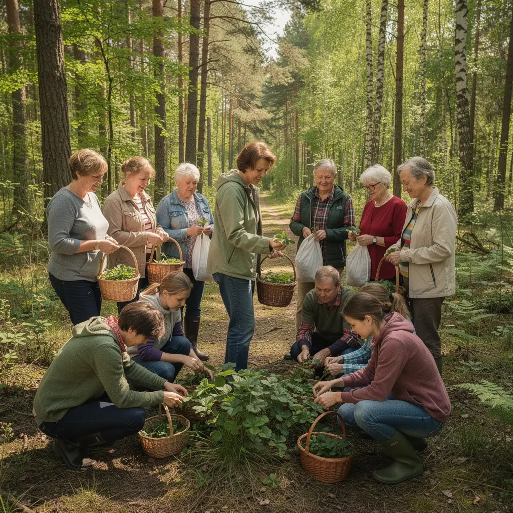 Šviežių braškių lapai, naudojami arbatos ruošimui, ant medinio stalo.