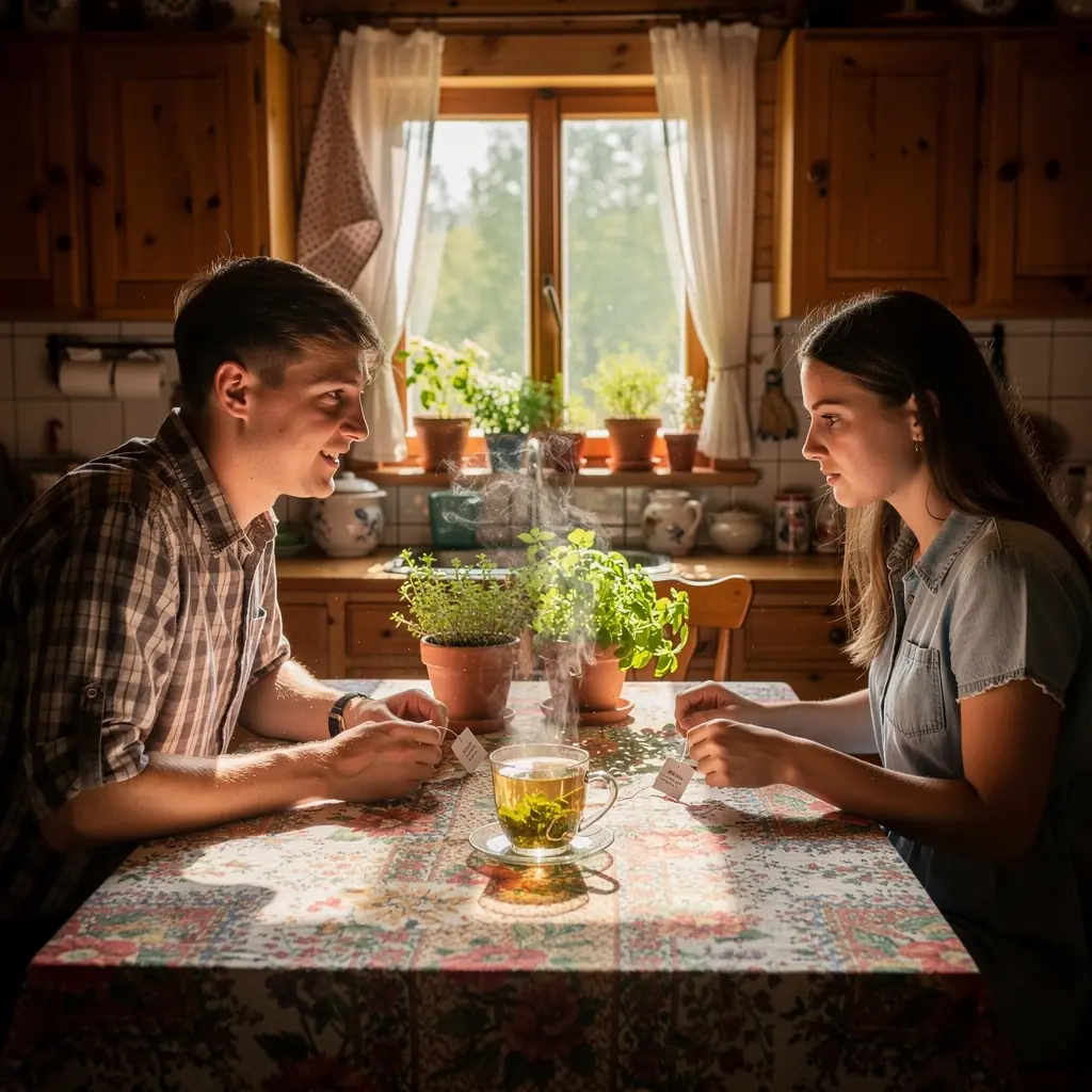 Braškės lapų arbata, patiekiama su šviežia braške ant stalo.