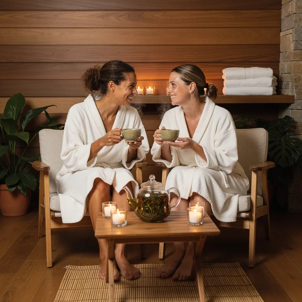 Braškės lapų arbatos puodelis ant stalo, aplink jį šviežios braškės ir žalumos.